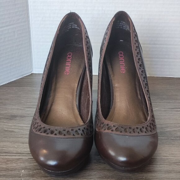 Connie High Heel Pumps Size 7 Brown Stacey Perforated Faux Leather Dressy Shoes - Picture 3 of 13